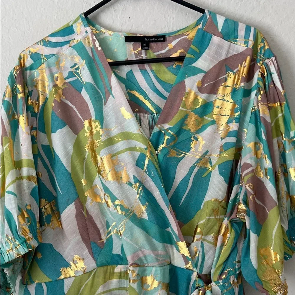 Like New! Harve Bernard Elegant Multicolor Faux Wrap Tie Front Blouse in 2X